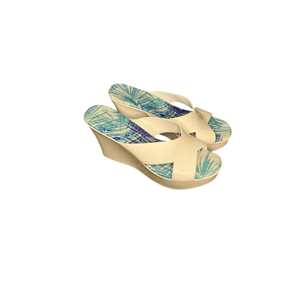 Y2K Avon Cross Strap Wedge Sandals Tropical Print White 8